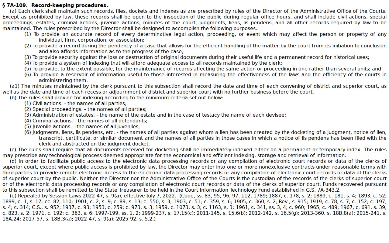 Gates County civil docket clerk record-index statute source