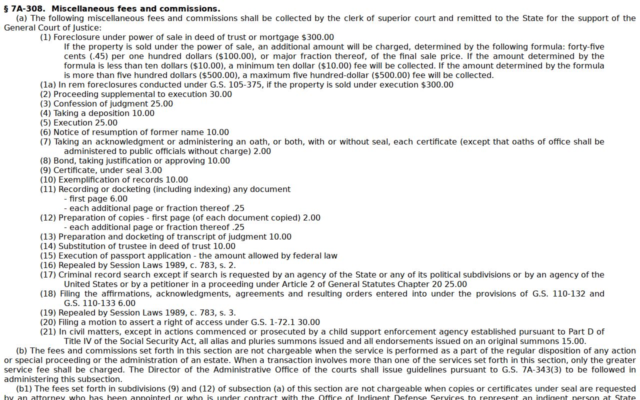 Gates County court records clerk copy and certification fee statute