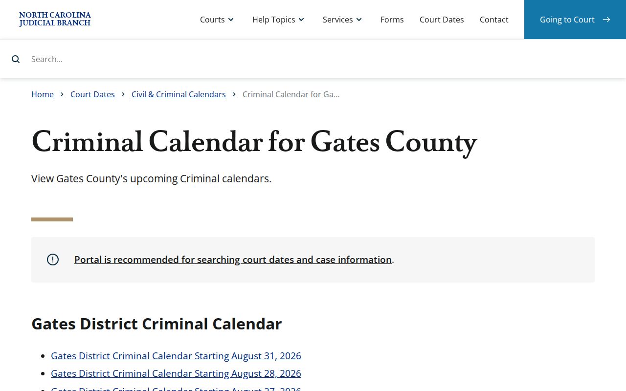 Gates County criminal docket calendar source