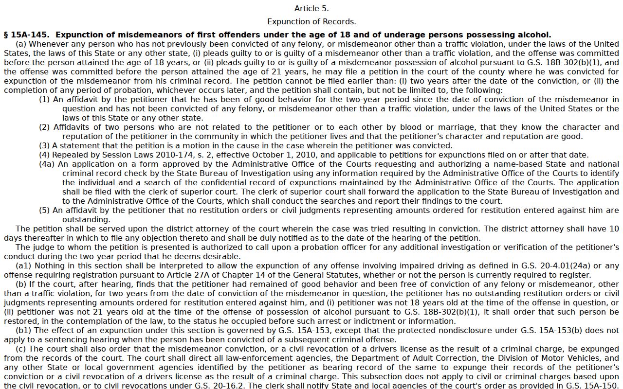 Gates County criminal docket expunction statute source